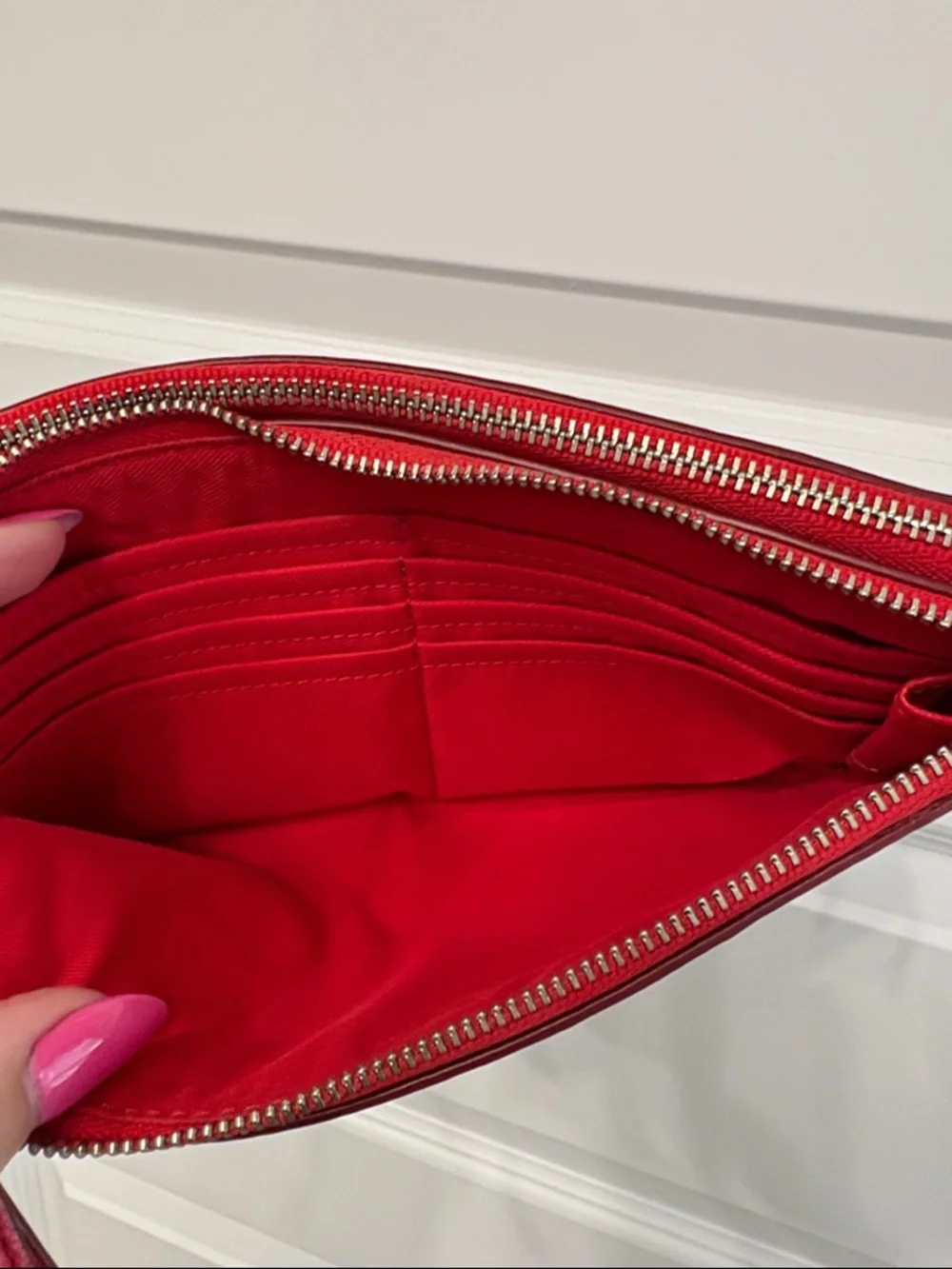 Coach Red Pebbled Leather Double Zip Wristlet Clutch